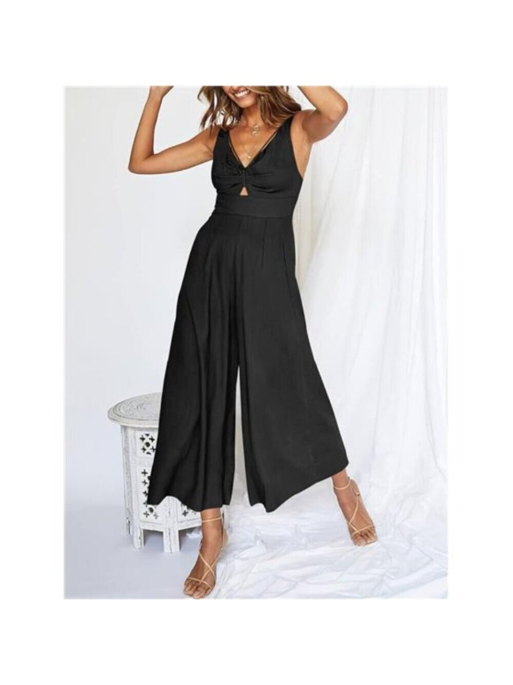 Women's Summer Wide Leg Linen Jumpsuit Sleeveless Casual Pants Romper, Black